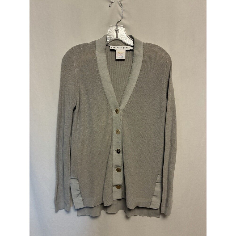 Gretchen Scott Gray Size S Cardigan Sweater 100% Cotton V Neck